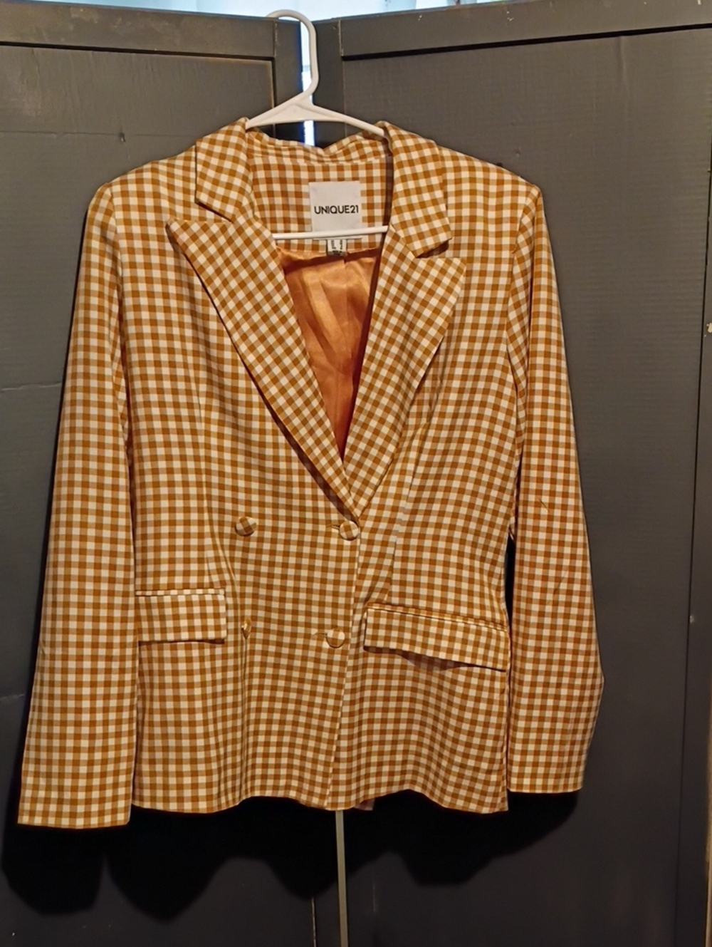 UNIQUE21 Brown & White Gingham Double-Breasted Blazer